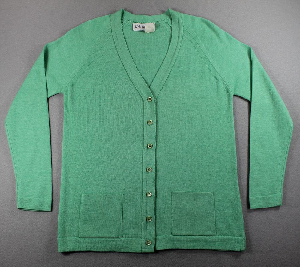 Vintage Talbott Knit Cardigan Sweater Women's Small Button Front Green Pockets